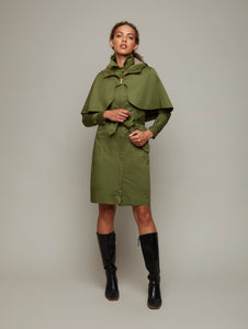 DEPLOY womenswear olive green trench coat with cape front view