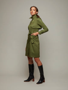 DEPLOY womenswear olive green trench coat side view