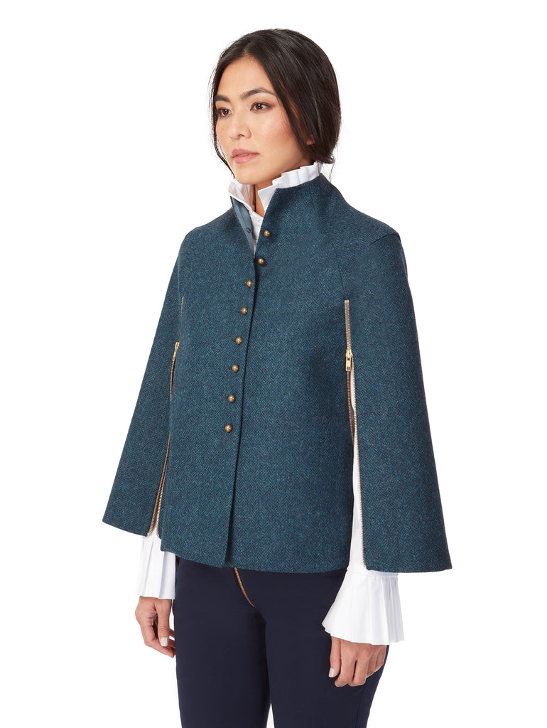 Buttoned Wool Tweed Cape In Teal Green Womens Capes London Deploy