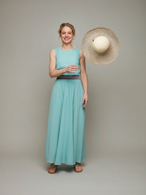 Front view of HELLEBORE easy maxi dress in opal green, available from British sustainable fashion brand DEPLOY