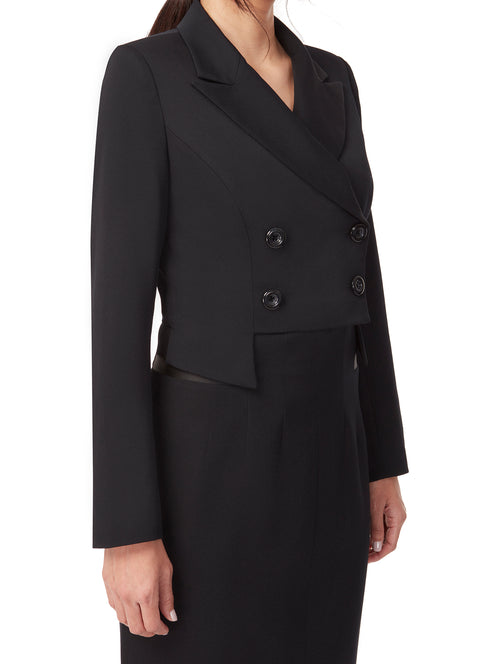 Front view of ABACUS multiway suiting coat-dress in black, available from British sustainable fashion brand DEPLOY