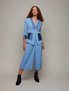 DEPLOY womenswear suiting wool light blue blazer with pockets front view