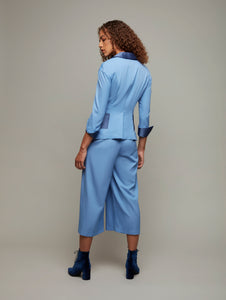DEPLOY womenswear suiting wool light blue blazer with pockets back view