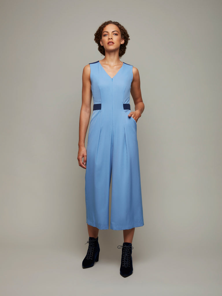DEPLOY womenswear suiting wool light blue sleeveless jumpsuit front view