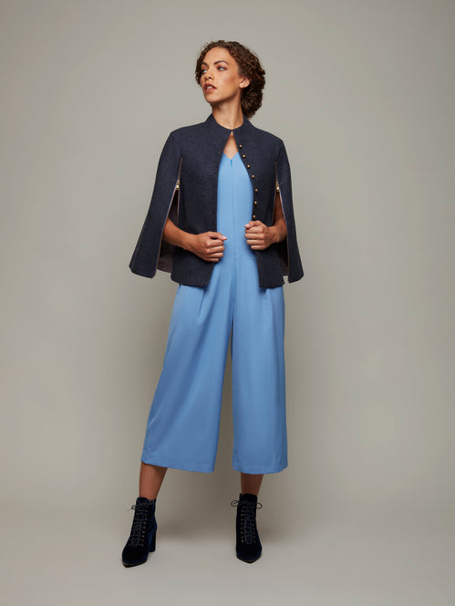 DEPLOY womenswear dark blue wool tweed cape front view