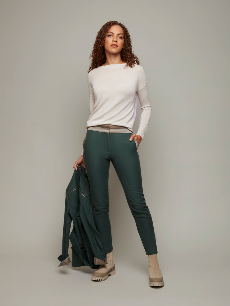 DEPLOY womenswear dark green fitted trousers front view