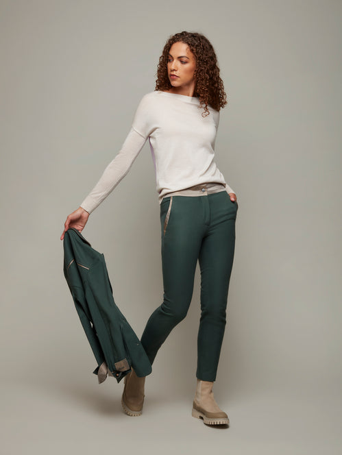 DEPLOY womenswear dark green fitted trousers front view