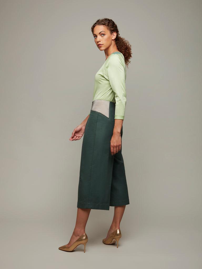 DEPLOY womenswear dark green cotton wide leg culottes side view