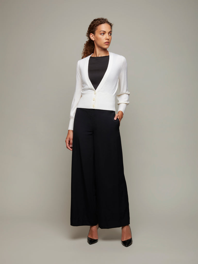 DEPLOY womenswear ivory white fine merino knit deep-v cardigan front view
