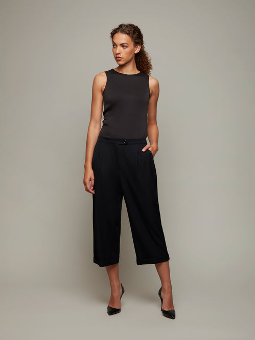 DEPLOY womenswear black suiting tailored wide leg culotte front view