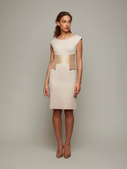 DEPLOY womenswear tailored cummerbund evening dress in champagne front view