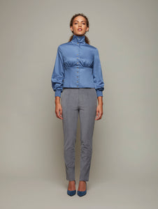 DEPLOY womenswear ruched high collar dusty blue fitted shirt front view with buttons up