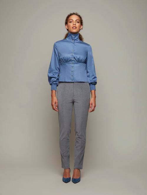 DEPLOY womenswear ruched high collar dusty blue fitted shirt front view