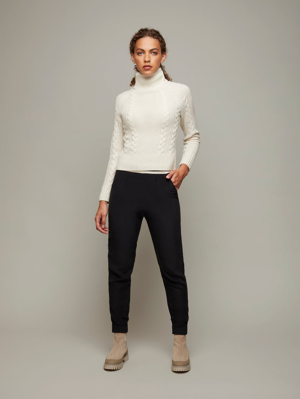 DEPLOY womenswear cream white cashmere cable knit turtleneck jumper front view