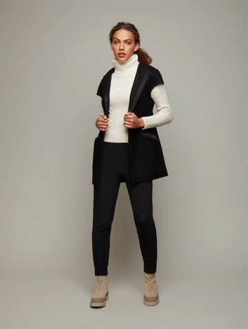 DEPLOY womenswear wool black hooded gilet front view