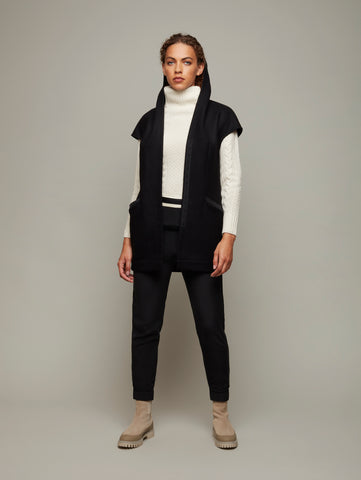 DEPLOY womenswear wool black hooded gilet front view