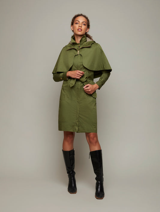 DEPLOY womenswear olive green trench coat with cape front view