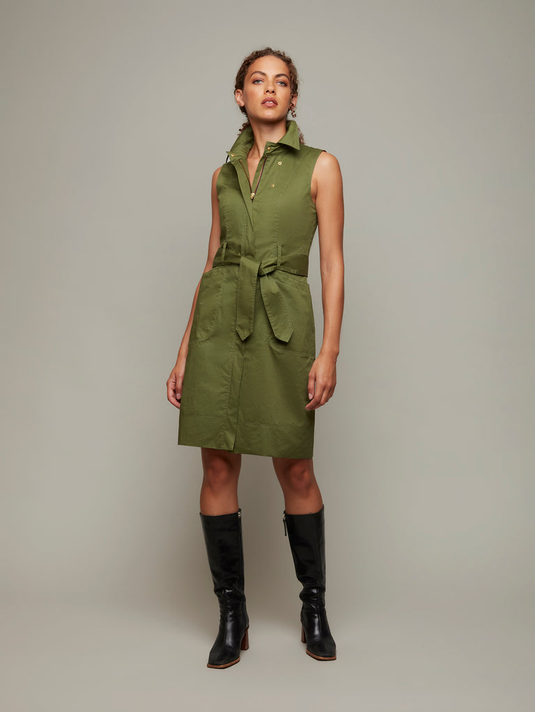DEPLOY womenswear olive green trench coat dress front view