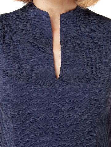 Details of Sleeveless Silk Shift dress in Twilight Blue, available from British sustainable fashion brand DEPLOY  