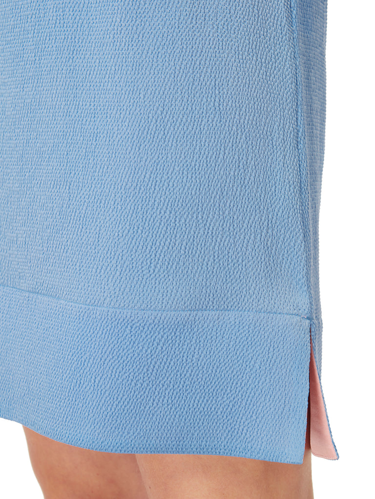 Details of Sleeveless silk shift dress in Bluebell, available from British sustainable fashion brand DEPLOY  Edit alt text