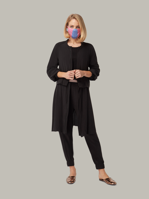 Front view of FLUME 3-way silk dust-coat dress in Black, available from British sustainable fashion brand DEPLOY