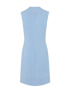 Ecommerce shoot back view of Sleeveless silk shift dress in Bluebell, available from British sustainable fashion brand DEPLOY 
