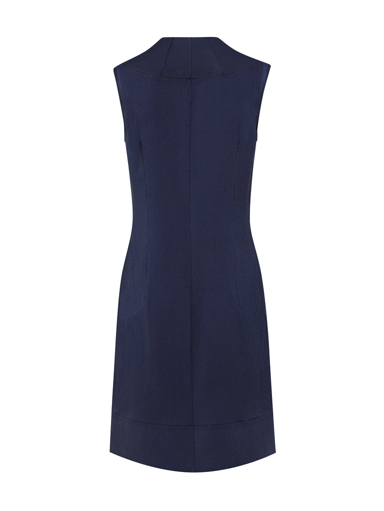 Ecommerce shoot of Sleeveless Silk Shift dress in Twilight Blue, available from British sustainable fashion brand DEPLOY