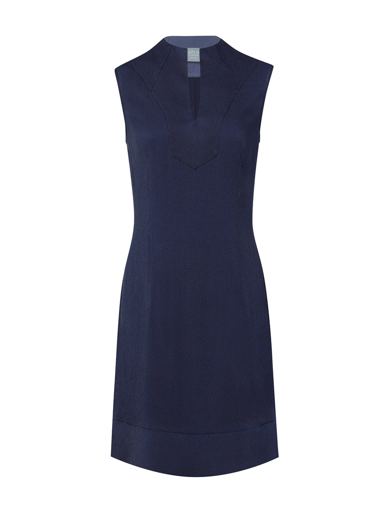 Ecommerce shoot of Sleeveless Silk Shift dress in Twilight Blue, available from British sustainable fashion brand DEPLOY  
