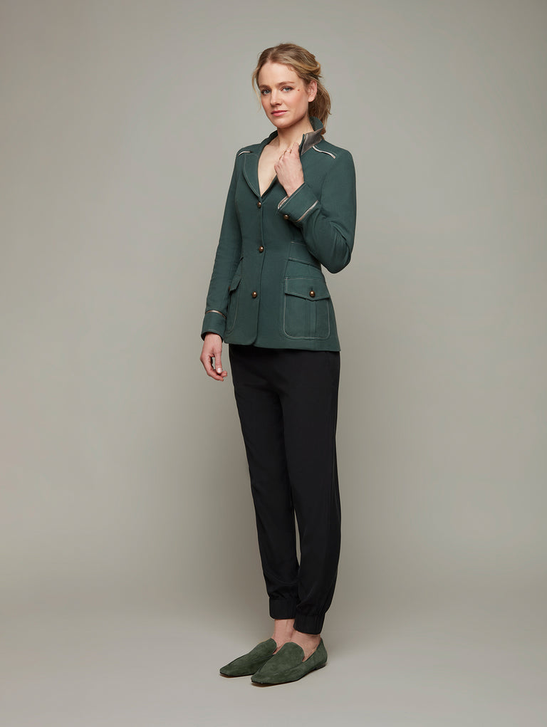DEPLOY womenswear dark green cotton safari jacket front view