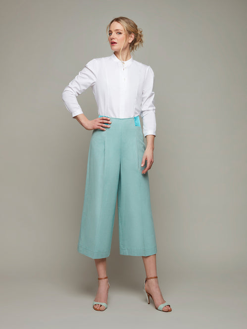 Back view of TILIA high waist culottes in lagoon blue, available from British sustainable fashion brand DEPLOY
