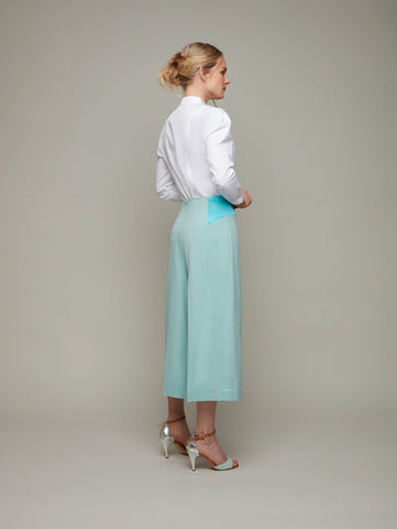 Back view of TILIA high waist culottes in lagoon blue, available from British sustainable fashion brand DEPLOY