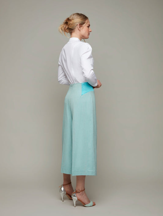 Back view of TILIA high waist culottes in lagoon blue, available from British sustainable fashion brand DEPLOY
