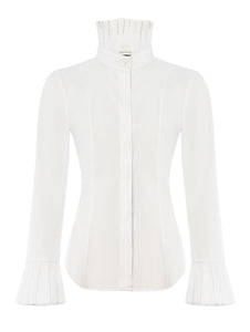 Ecommerce shoot of CORINTHIAN fan-collar shirt in White, available from British sustainable fashion brand DEPLOY