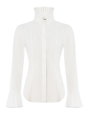 Ecommerce shoot of CORINTHIAN fan-collar shirt in White, available from British sustainable fashion brand DEPLOY