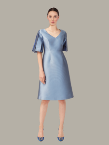 Front view of A-line cocktail dress in blue, available from British sustainable fashion brand DEPLOY