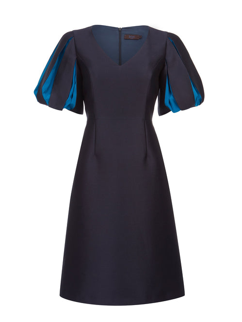 Front view of SHITAKE A-line cocktail dress in Navy, available from British sustainable fashion brand DEPLOY