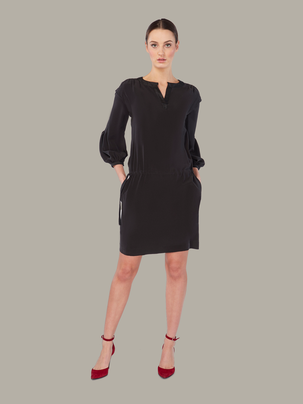 Front view of MOKARA 2-way silk shift dress in black, available from British sustainable fashion brand DEPLOY