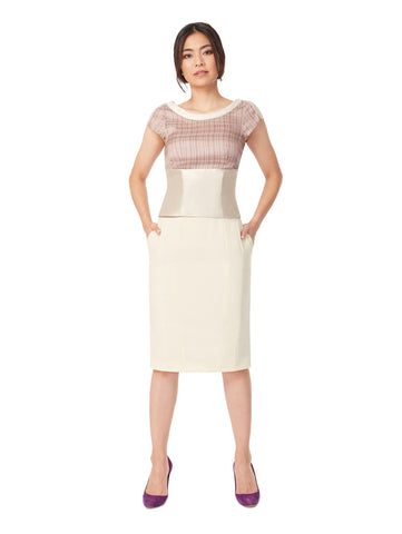 Front view of 3-way fitted-waist flair dress, available from British sustainable fashion brand DEPLOY