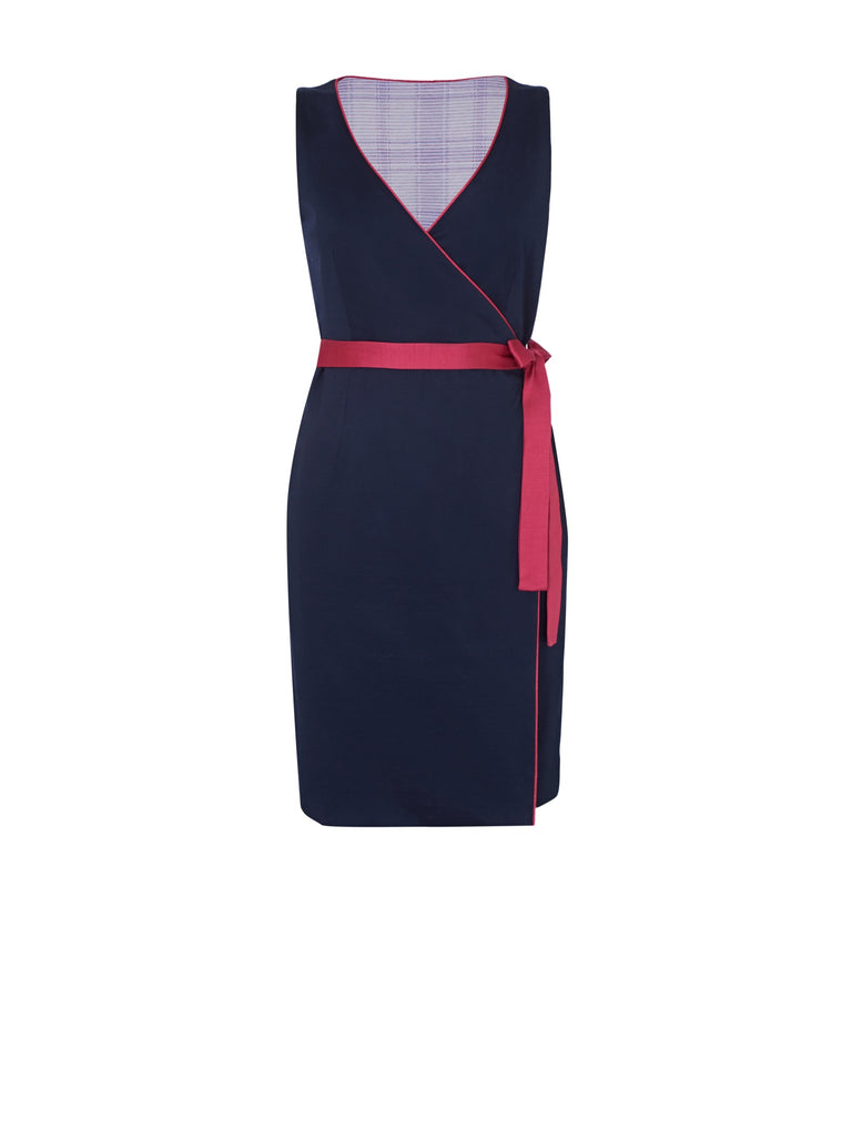 Ecommerce shoot of VANDA reversible wrap dress in navy/ lilac mix, available from British sustainable fashion brand DEPLOY