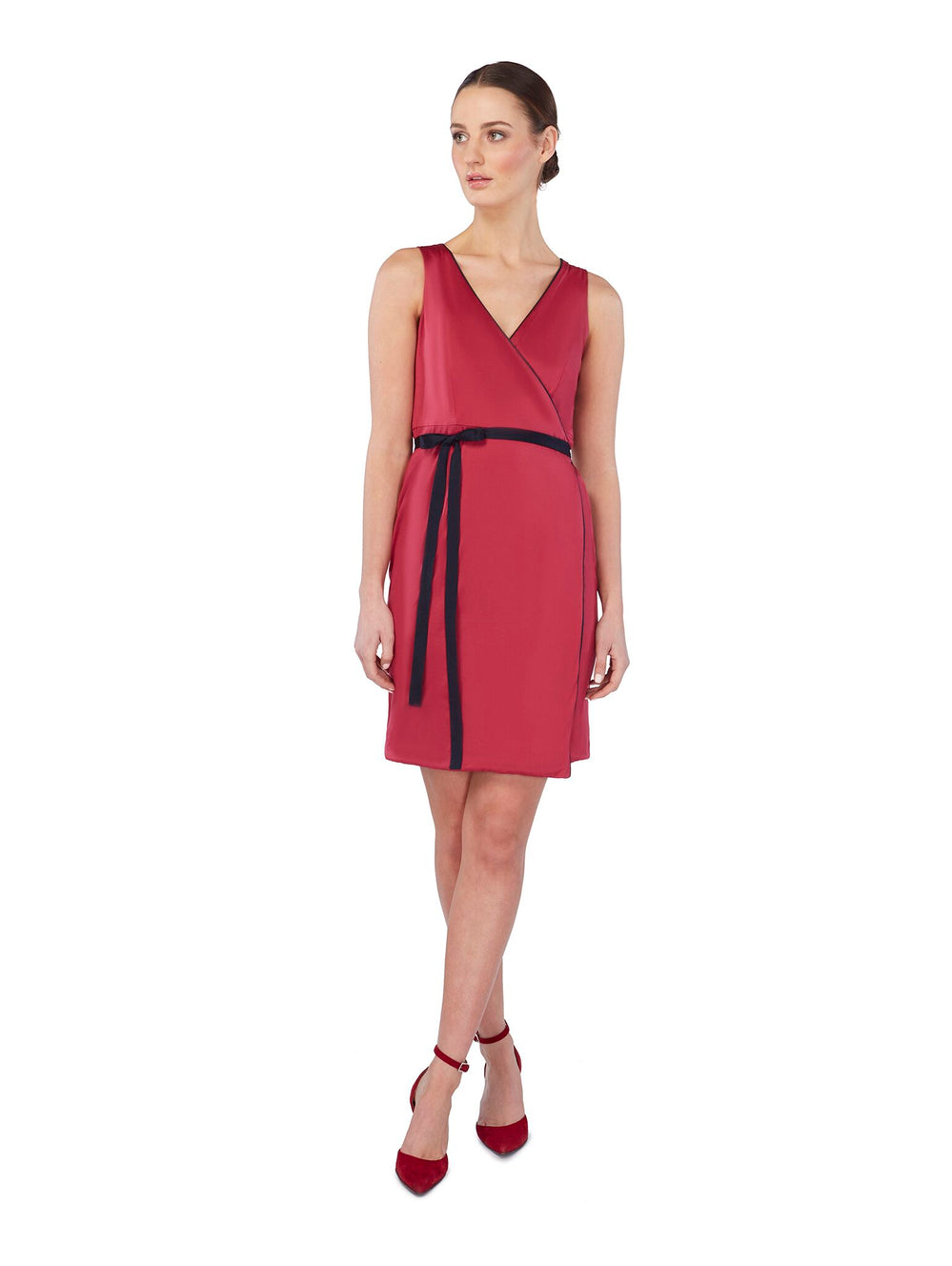 Front view of VANDA reversible wrap dress in navy/red mix, available from British sustainable fashion brand DEPLOY