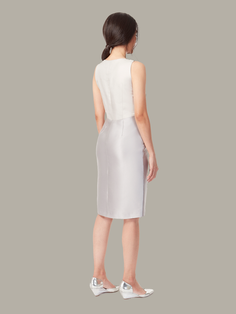 Back view of of 2-way tailored cape dress in Silver, available from British sustainable fashion brand DEPLOY