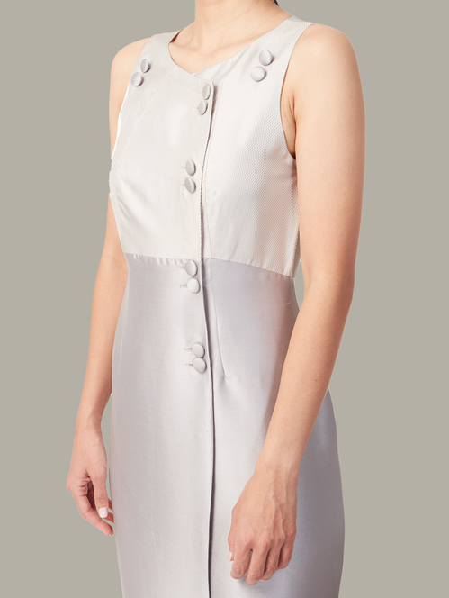 Front view of 2-way tailored cape dress in Silver, available from British sustainable fashion brand DEPLOY