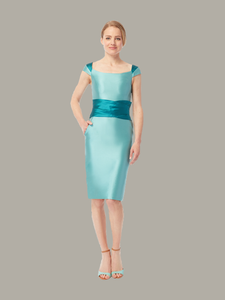 Front view of two-tone fitted dress in lagoon-teal, available from British sustainable fashion brand DEPLOY