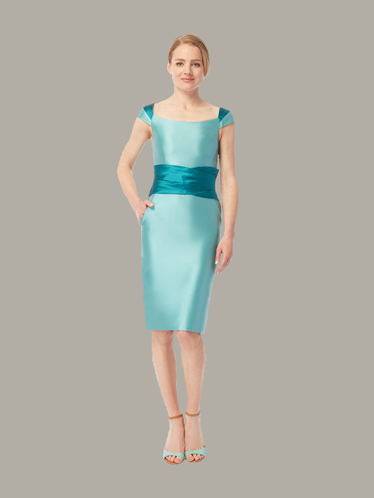 Front view of two-tone fitted dress in lagoon-teal, available from British sustainable fashion brand DEPLOY