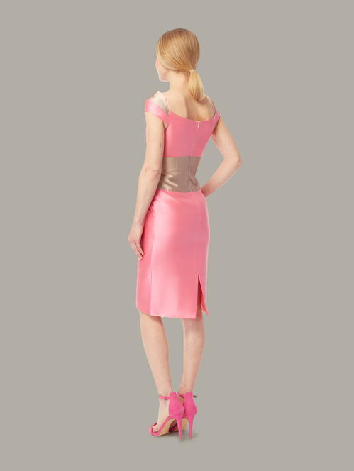 Front view of two-toned fitted occasion dress in pink and rose-gold, available from British sustainable fashion brand DEPLOY