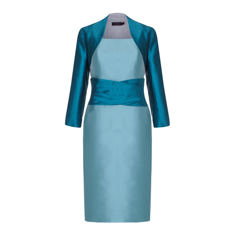 Ecommerce shoot of two-tone fitted dress in lagoon-teal, available from British sustainable fashion brand DEPLOY