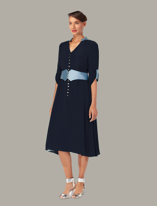 Front view of AZALEA 3-way tea dress, available from British sustainable fashion brand DEPLOY