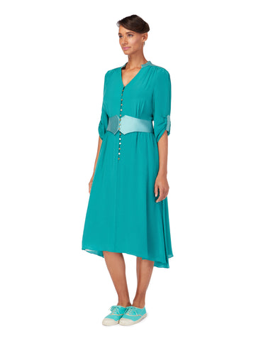 Front view of AZALEA 3-way tea dress in Emerald Green, available from British sustainable fashion brand DEPLOY