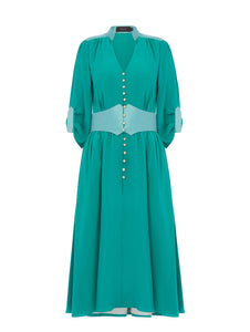 Ecommerce shoot of AZALEA 3-way tea dress in Emerald Green, available from British sustainable fashion brand DEPLOY