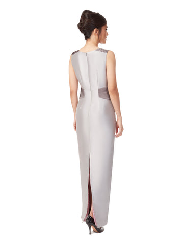 Back view of Column evening dress in Silver, available from British sustainable fashion brand DEPLOYview of Column evening dress in Silver, available from British sustainable fashion brand DEPLOY